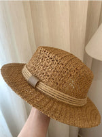 Load image into Gallery viewer, Openweave Flat Top Straw Hat French Retro Vacation N6C370