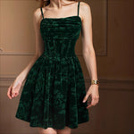 Load image into Gallery viewer, Dark Green Velvet Embossed Spag Strap Dress Women N5A943
