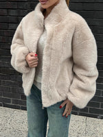 Load image into Gallery viewer, Stand Collar Faux Fur Zip Coat Women Beige N5A295