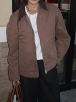 Load image into Gallery viewer, Brown Notch Collar Color Block Baseball Jacket Women N5A739