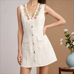 Load image into Gallery viewer, White Single Button Sash Embroidery Dress Women N5A942