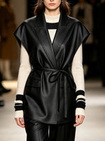 Load image into Gallery viewer, Sleeveless PU Vest Notch Lapel Belted Women N6G173