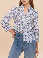 Load image into Gallery viewer, Blue White Pattern Stand Collar Shirt Women N6C125