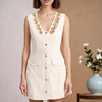 Load image into Gallery viewer, White Single Button Sash Embroidery Dress Women N5A942