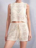 Load image into Gallery viewer, Openwork Knit Sleeveless Vest and Shorts Set Women N6C329