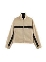 Load image into Gallery viewer, Loose Colorblock Stand Collar Zip Jacket Women Khaki N6H126
