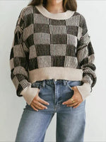 Load image into Gallery viewer, Checkered Knit Sweater Round Neck Long Sleeve N6B038