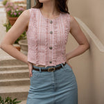 Load image into Gallery viewer, Pink Tweed Sleeveless Cardigan Vest Women Short N5A937