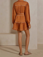 Load image into Gallery viewer, Caramel Contrast Topstitch Belted Satin Shirt Dress N6A093