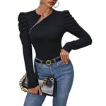 Load image into Gallery viewer, Black Knit Top Asymmetrical Zip Puff Sleeve Women N6B086