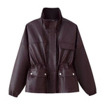 Load image into Gallery viewer, Solid Color Stand Collar PU Jacket Women Red Brown N5A721