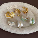 Load image into Gallery viewer, Hammered Pearl Stone Wide Stud Earrings Women N6H165