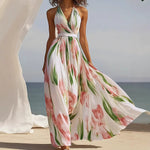 Load image into Gallery viewer, Pink Printed V Neck Backless A Line Dress Women N5A928