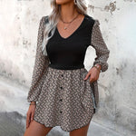 Load image into Gallery viewer, Patchwork Puff Sleeve Deep V Neck Dress Women Black N5A084