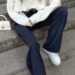 Load image into Gallery viewer, Blue Stripe Wide Leg Pants Women Office Straight N5A821