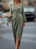 Load image into Gallery viewer, Crisscross Neck Ruffle Slit Bubble Sleeve Dress Women N5A703