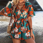 Load image into Gallery viewer, Beach Vacation Flutter Sleeve Wrap Neck Romper Shorts N6A079