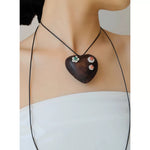Load image into Gallery viewer, Wooden Heart Flower Pendant Long Necklace Women S5P954