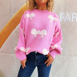 Load image into Gallery viewer, Bow Color Block Sweater Women Sweet Knit Round Neck N5A862