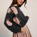 Load image into Gallery viewer, Off Shoulder Floral Jacquard Sweater Women Black N5A587