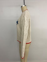 Load image into Gallery viewer, Beige Fish Print Sweater Color Block Trim Round Neck N5A806