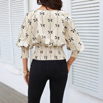 Load image into Gallery viewer, Floral Print Smocked Waist Blouse Women Beige Black N5A498