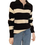 Load image into Gallery viewer, Half Zip Polo Neck Stripe Sweater Women N5A581