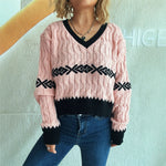 Load image into Gallery viewer, Cropped V Neck Jacquard Sweater Women Streetwear N5A874