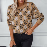 Load image into Gallery viewer, Floral Jacquard Pullover Sweater Women Camel N5A606