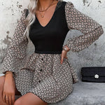 Load image into Gallery viewer, Patchwork Puff Sleeve Deep V Neck Dress Women Black N5A084