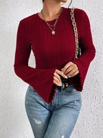 Load image into Gallery viewer, Burgundy Round Neck Bell Sleeve T Shirt Women N6B063