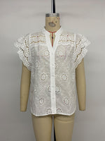 Load image into Gallery viewer, V Neck Eyelet Shirt Women Solid Color N6C105