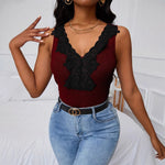 Load image into Gallery viewer, Lace Trim V Neck Ribbed Tank Women Fitted Knit Top N5A766