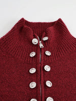 Load image into Gallery viewer, High Neck Zip Front Faux Button Knit Cardigan Women N6H270