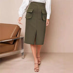 Load image into Gallery viewer, Military Green Side Slit Midi Skirt Women N5A758