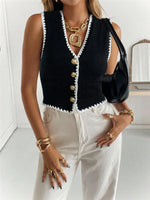 Load image into Gallery viewer, Color Block Lace Trim Knit Vest Cardigan Women N6C320