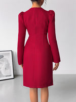 Load image into Gallery viewer, Deep V Neck Puffed Dress Pearl Accent High Waist Red N5Z469
