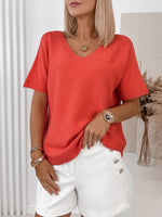 Load image into Gallery viewer, V-neck Relaxed Short Sleeve Knit Top Women Orange N6D138