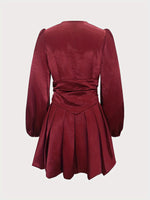 Load image into Gallery viewer, Satin Tulip Dress Women Red Puff Sleeve Pleated N5A778