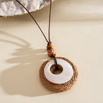 Load image into Gallery viewer, Leather Cord Wood Resin Raffia Drop Pendant Necklace N6H139