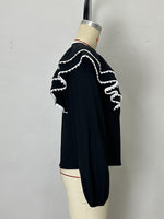 Load image into Gallery viewer, Black Puff Sleeve Lace Trim Blouse Women N6C261