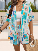 Load image into Gallery viewer, Doodle Print Open Front Shirt and Shorts Set N6C260