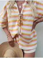 Load image into Gallery viewer, Knit Striped Lapel Short Sleeve Set Women N6D094