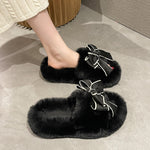 Load image into Gallery viewer, Bow Plush Slippers Women 4cm Platform House Shoes M5A300