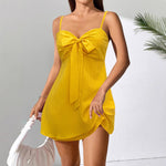 Load image into Gallery viewer, Yellow Bow Pure Beach Mini Dress Women N5A941