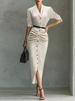 Load image into Gallery viewer, Crepe Short Sleeve Belted Dress Shirt Style Beige N5A765