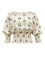 Load image into Gallery viewer, Floral Print Smocked Waist Blouse Women Beige Black N5A498