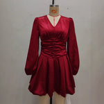 Load image into Gallery viewer, Satin Tulip Dress Women Red Puff Sleeve Pleated N5A778