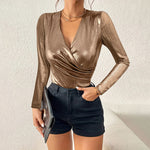 Load image into Gallery viewer, Rose Gold V Neck Pleated Blouse Women Party Glam N5A698