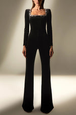 Load image into Gallery viewer, Crystal Embellished Velvet Jumpsuit Women Black N5A513